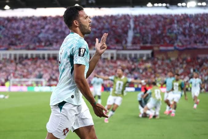 Goncalo Ramos celebrating his goal for Portugal against Croatia